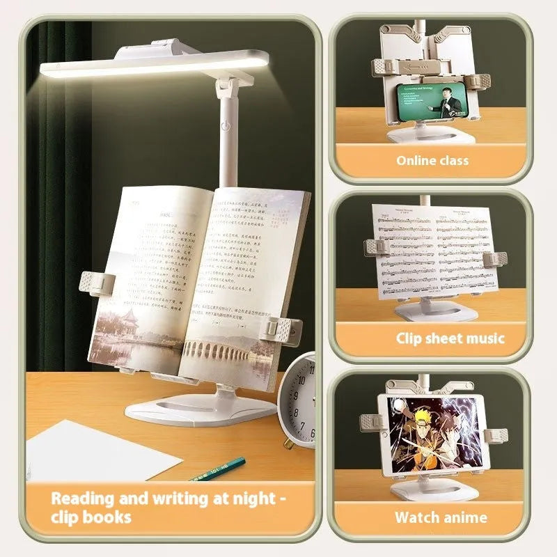 Adjustable desk lamp with integrated bookshelf showing three light colour settings and a charging cable.