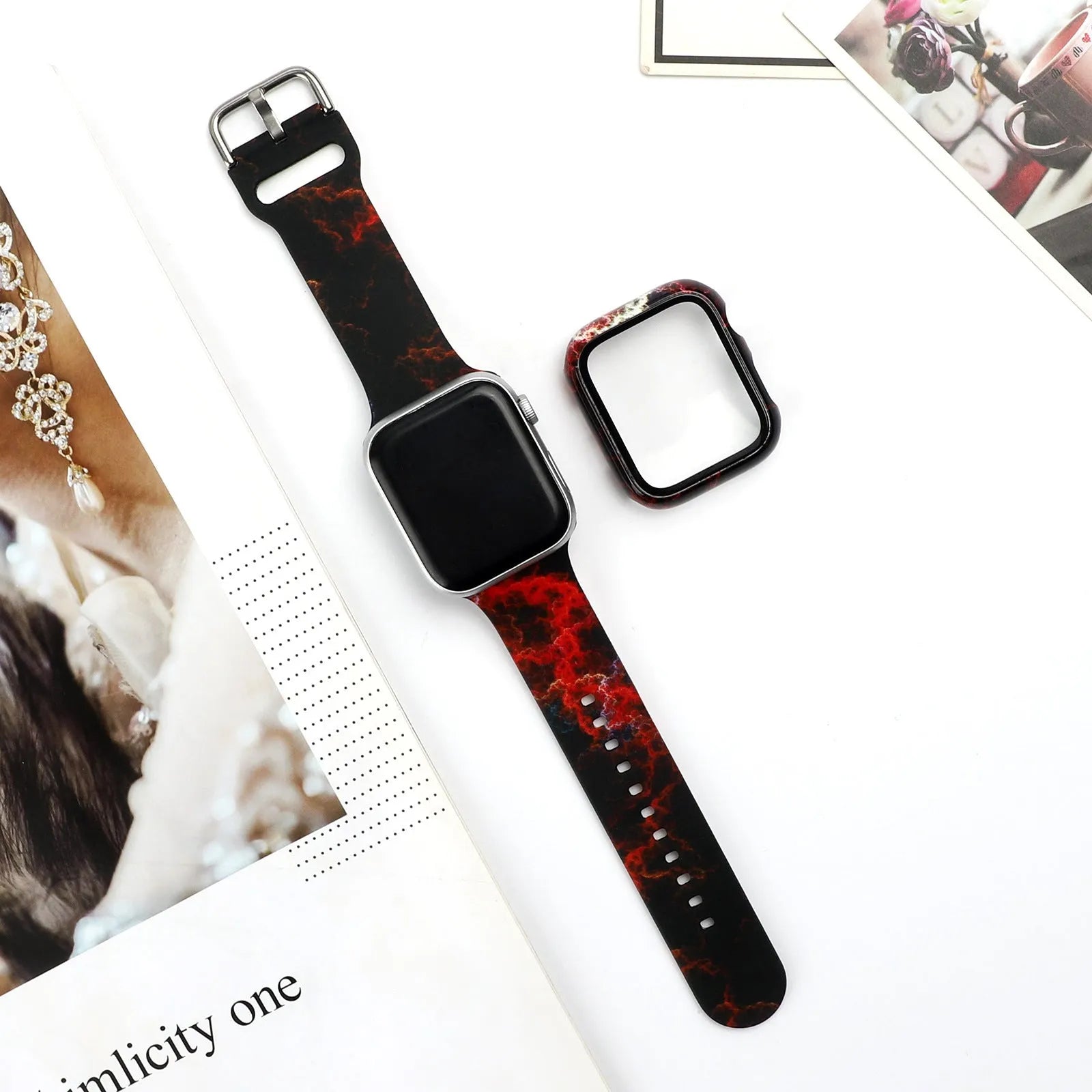 Printed silicone watch strap for Apple Watch showing multiple colourful pattern options.