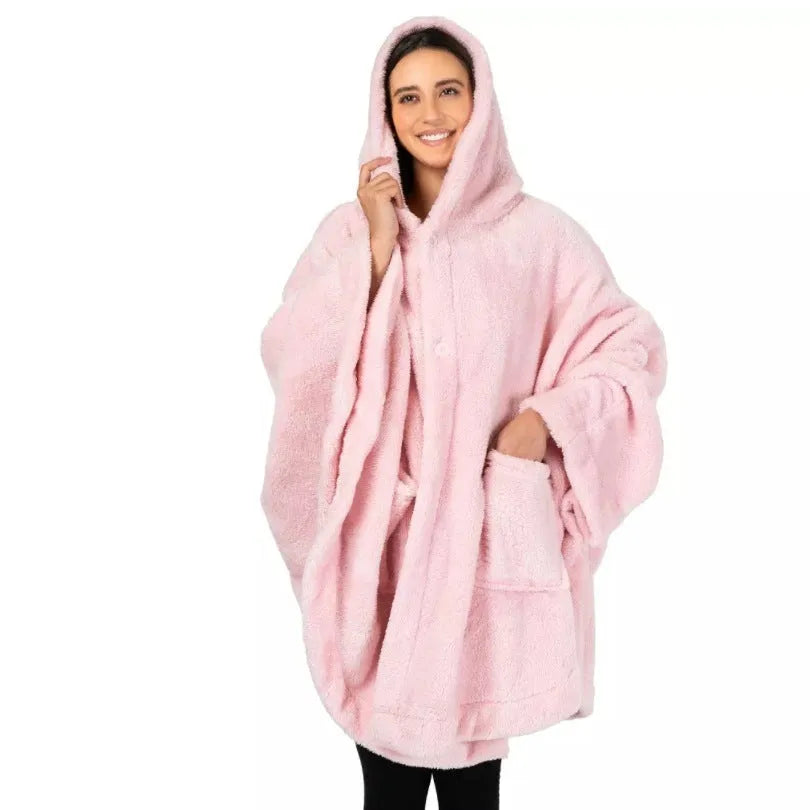 Thickened hooded cloak bathrobe in polyester fabric shown in three colour options: black, dark grey and pink
