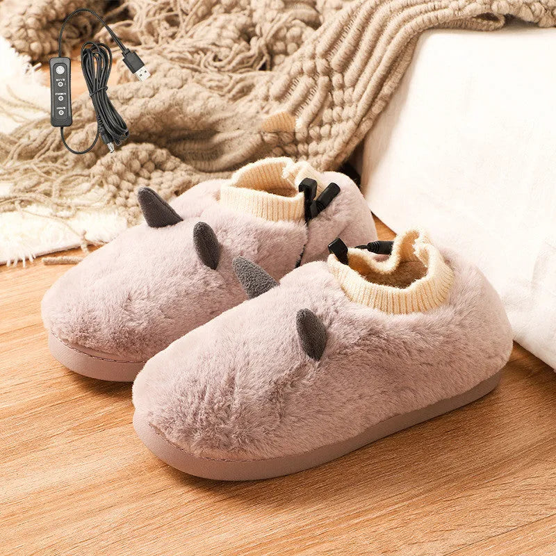 Plush velvet USB heating slippers with a USB cable and power converter, shown in taro purple colour.