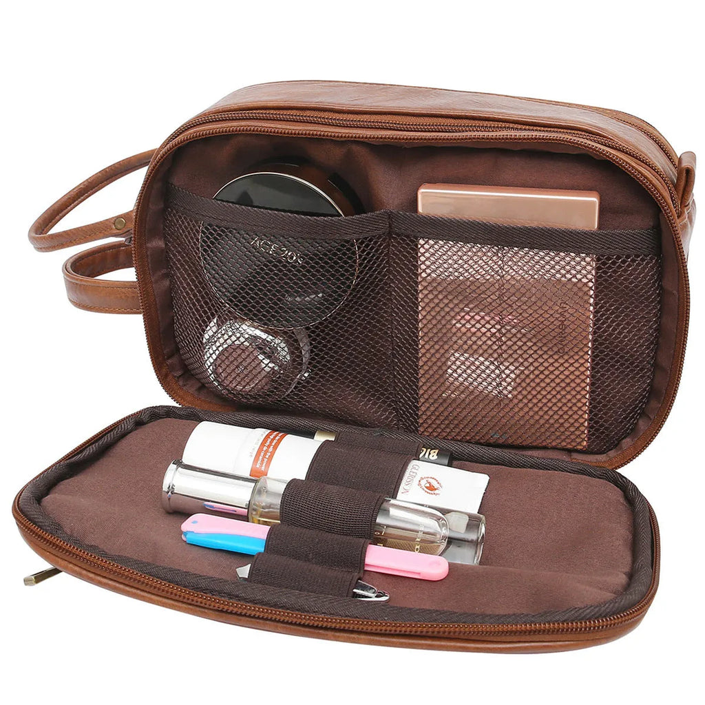 Black and brown men's PU leather toiletry bag with zip closure.