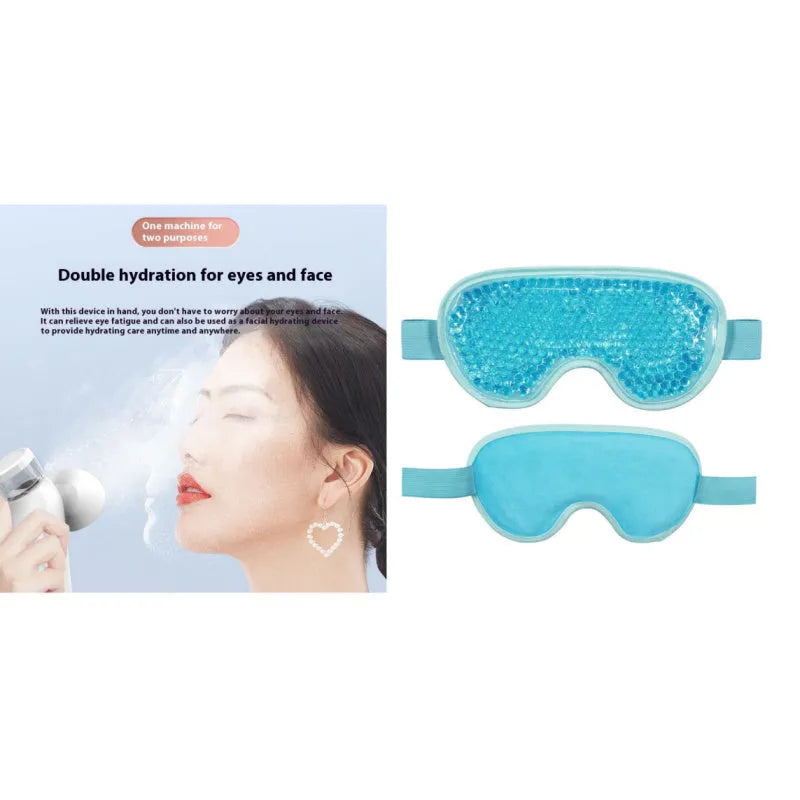 White portable rechargeable eye compress device with included eye mask on a grey background