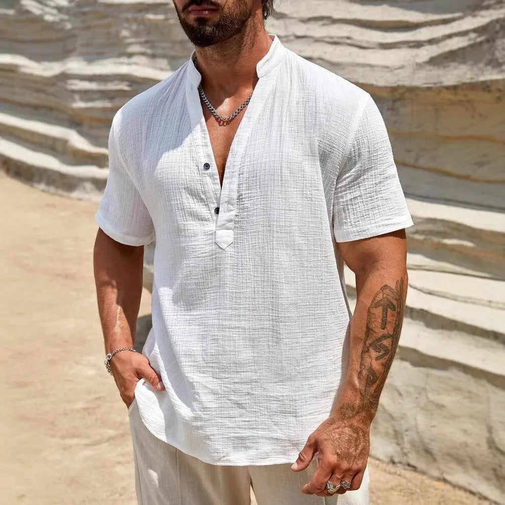 Men's solid colour short-sleeved shirt with a stand collar on a hanger