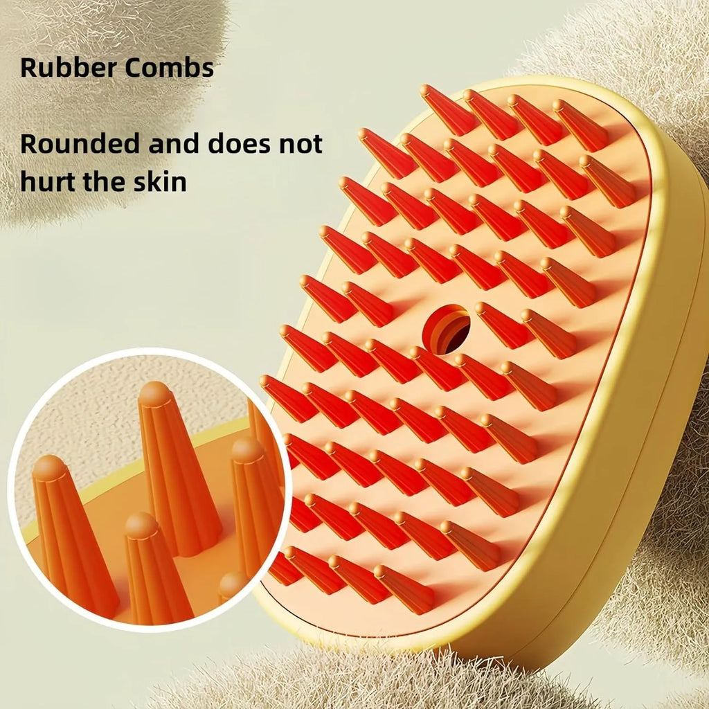White rechargeable steam pet brush with rubber comb teeth for dog and cat grooming