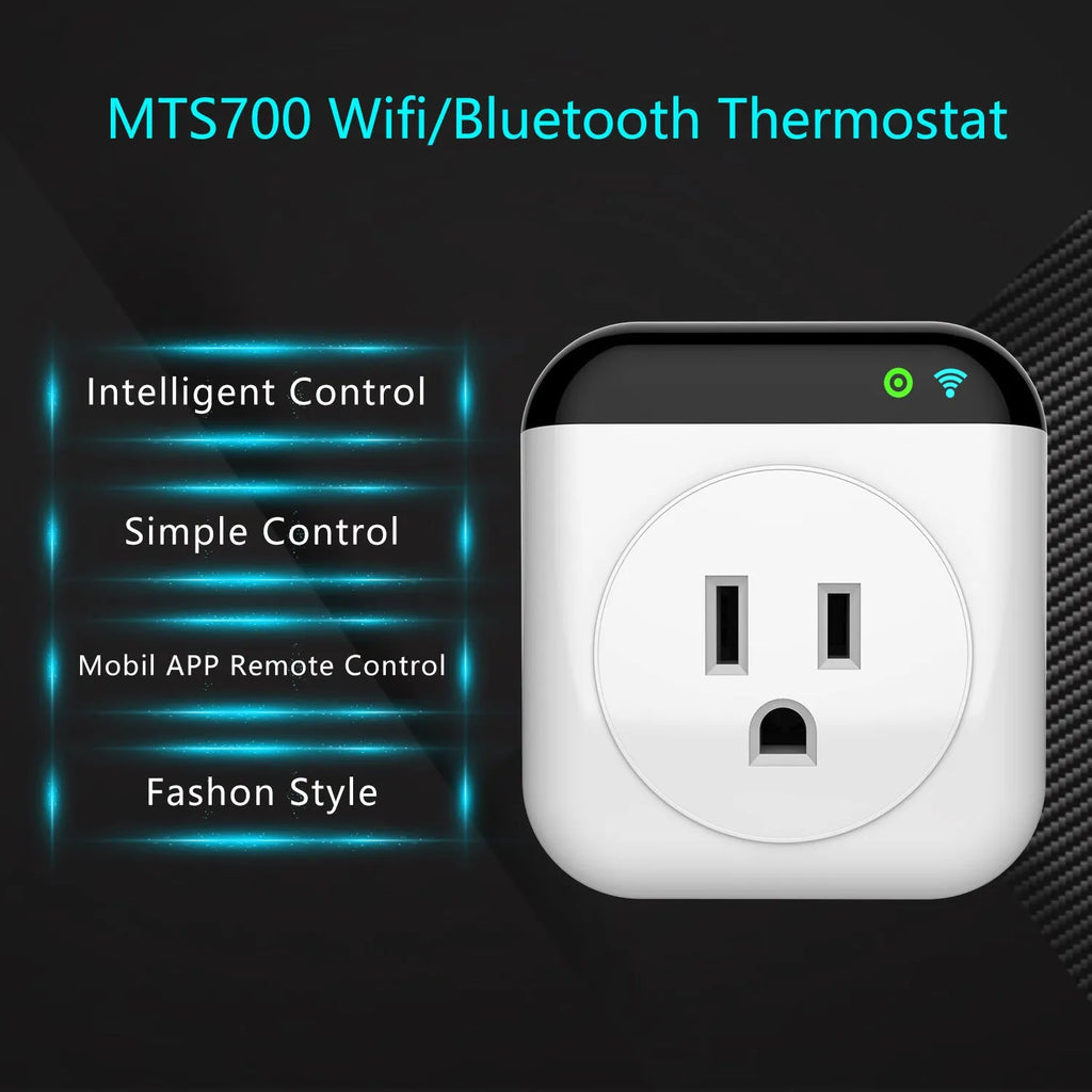 White Tuya wifi smart plug with temperature sensor probe and US 3-prong outlet.