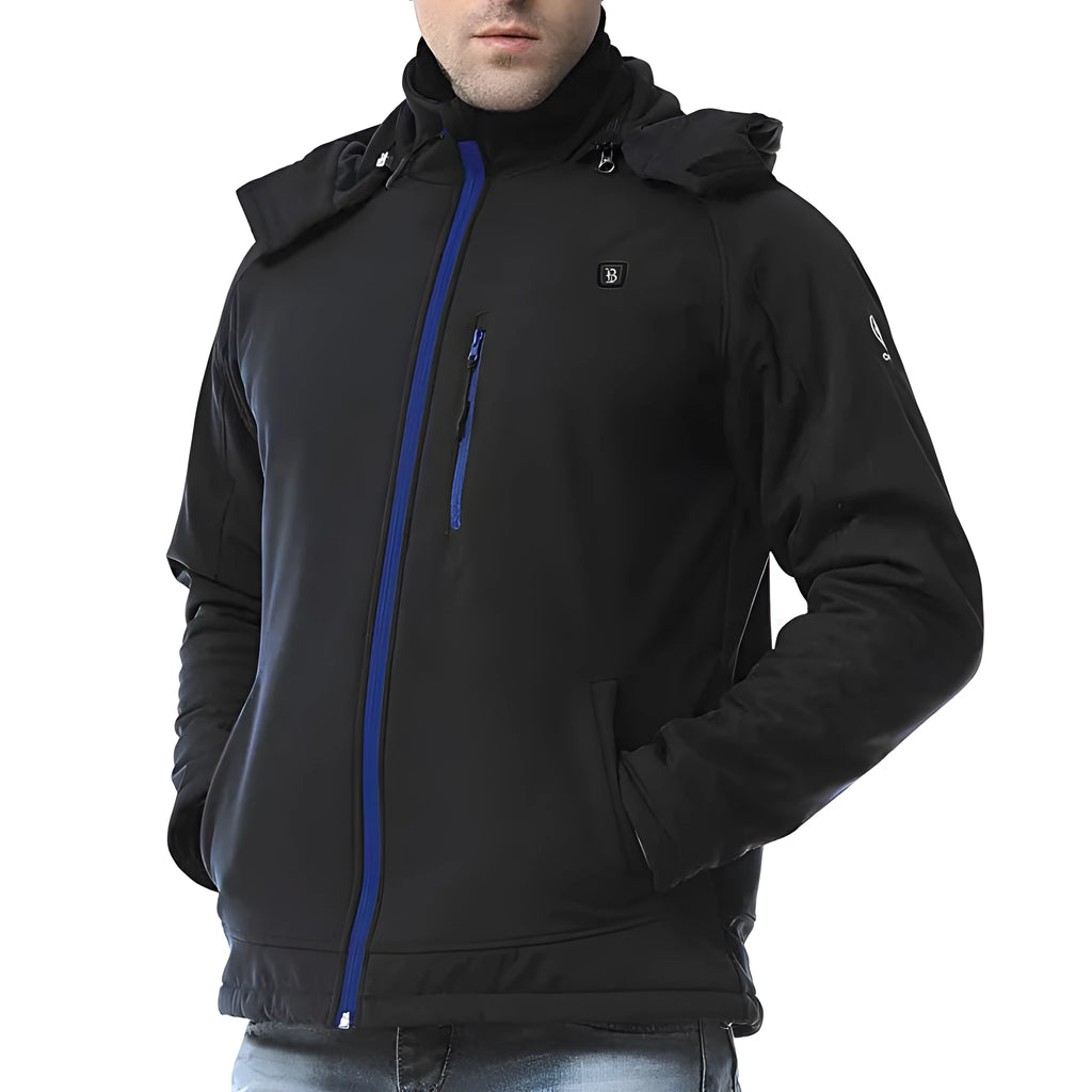 Black men's USB-heated waterproof winter coat with long sleeves and zipper pockets on a hanger.