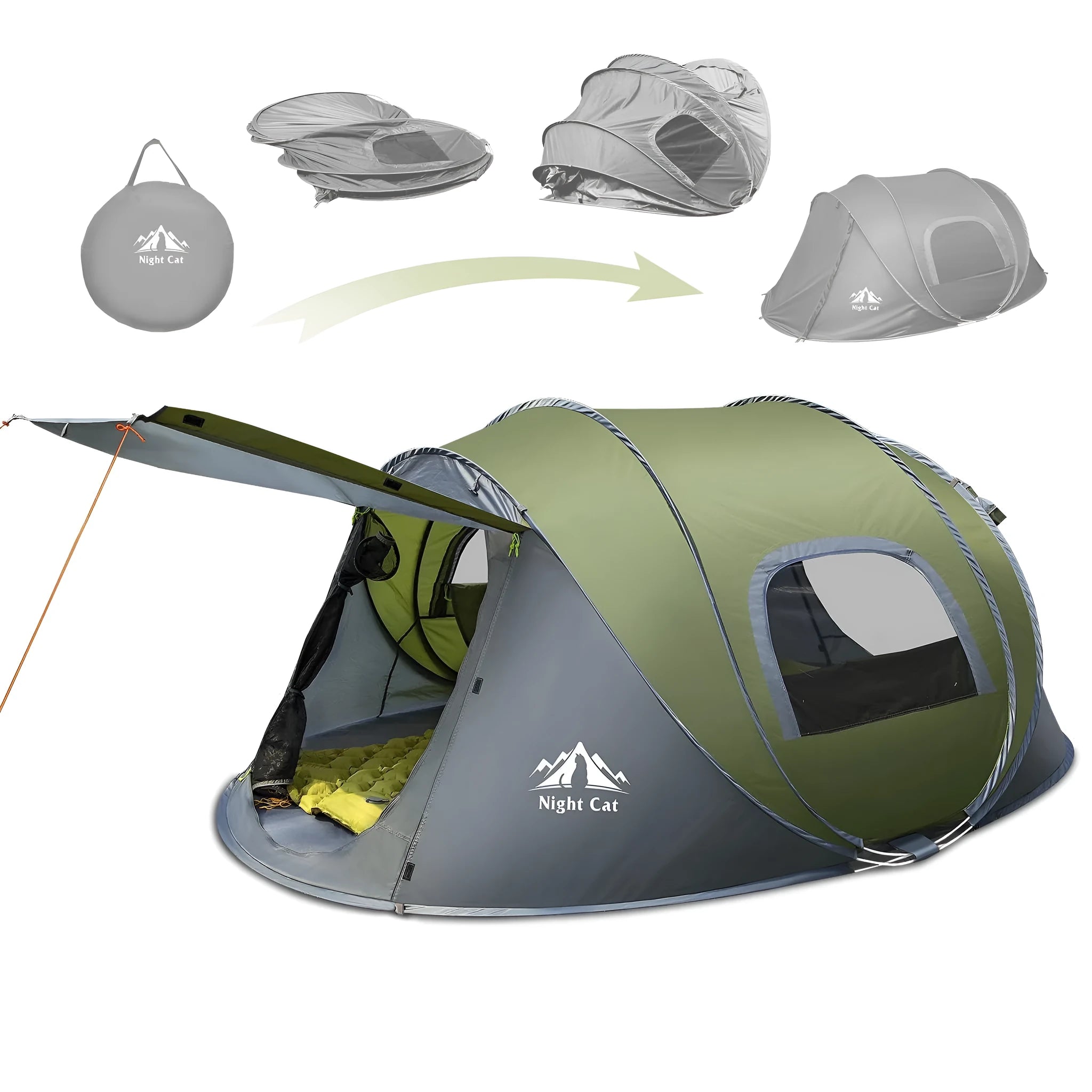 Dark green instant pop-up camping tent for two people with automatic setup.