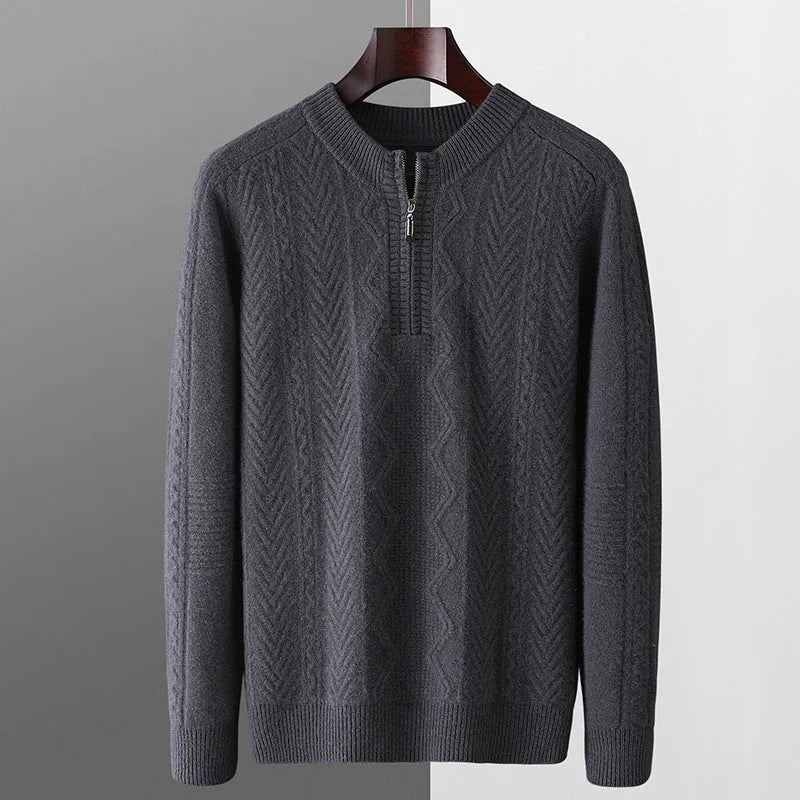 Men's grey diamond pattern wool sweater with half zip front and long sleeves
