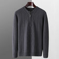 Men's grey diamond pattern wool sweater with half zip front and long sleeves