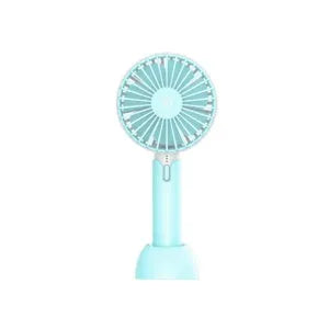 Blue handheld mini desktop USB electric fan with three speed settings and oscillating head