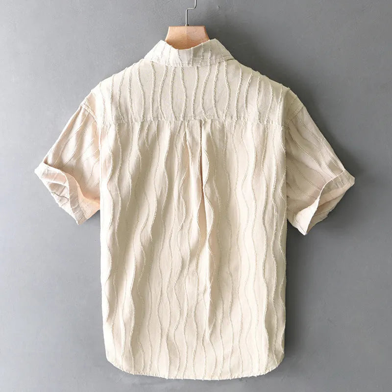 Men's apricot cotton short sleeve casual shirt with loose fit and Japanese styling
