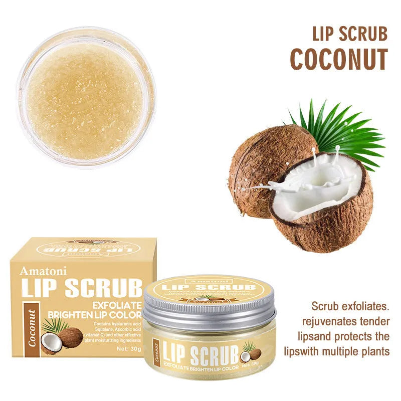 30g jar of Amatoni fruit flavour lip scrub cream in coconut, raspberry, vanilla or watermelon.