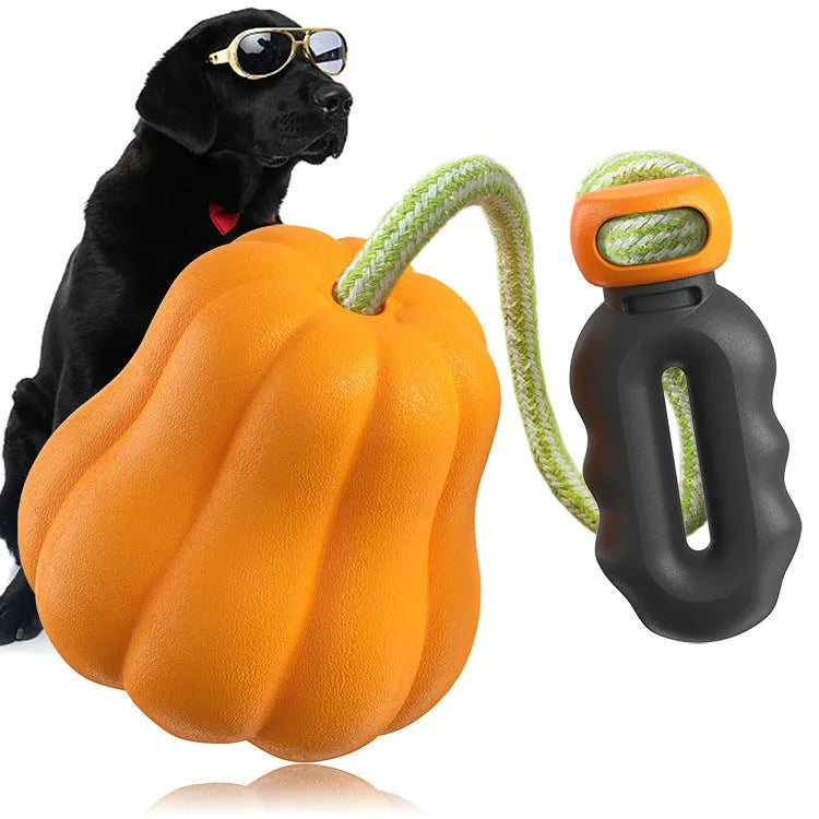 Pumpkin-coloured plastic dog chew toy with an attached rope for tugging and fetch.