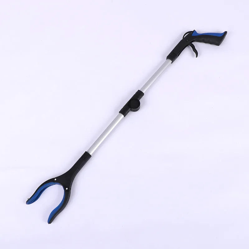 Folding silver and blue trash pick-up tool shown extended and collapsed, with magnet on clamp head.