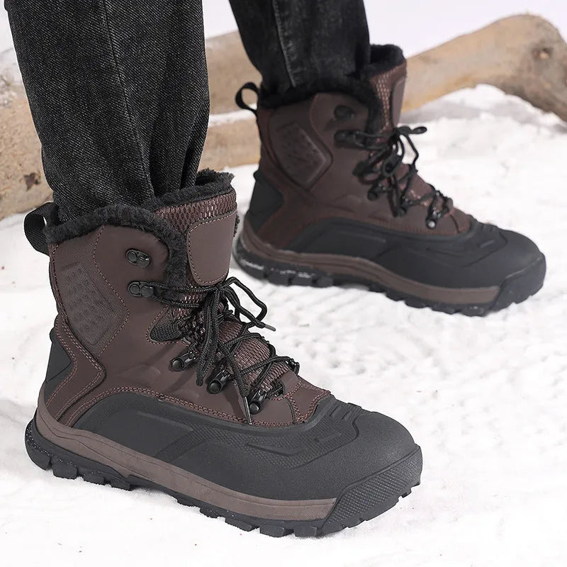 Men's black and khaki velvet high-top boots with fleece lining and lace-up front