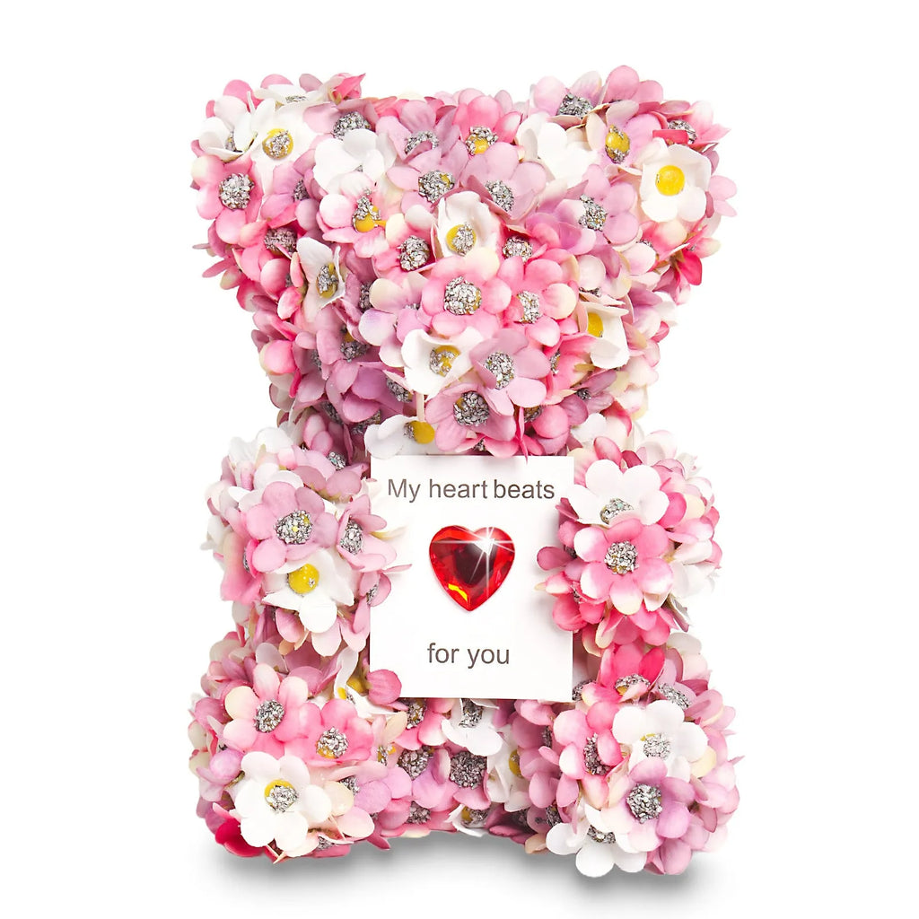 Pink artificial rose bear handmade gift ornament with polyester foam construction 17cm
