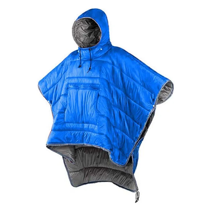 Army green outdoor cloak sleeping bag laid flat showing its 200x140cm size and wearable hood design.
