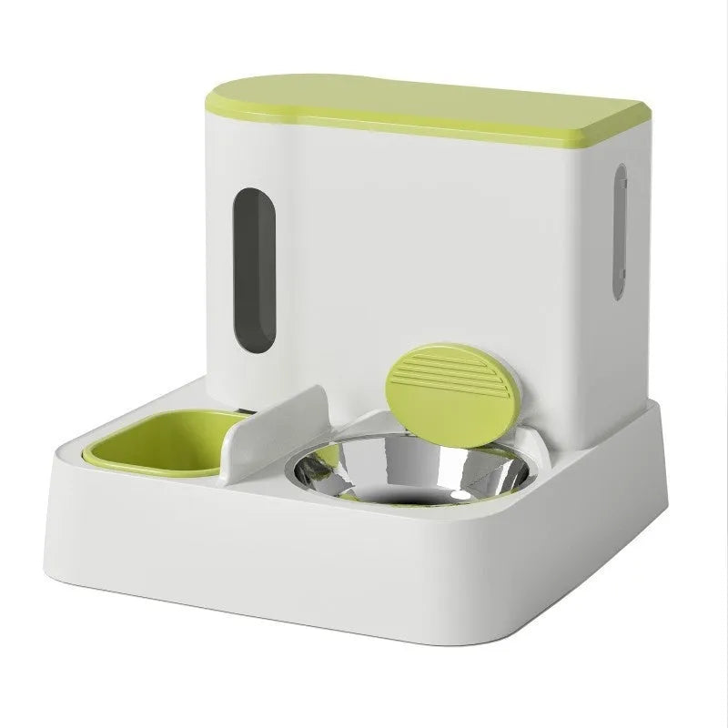 Automatic cat feeder with integrated water dispenser showing grey, green, and yellow colour options