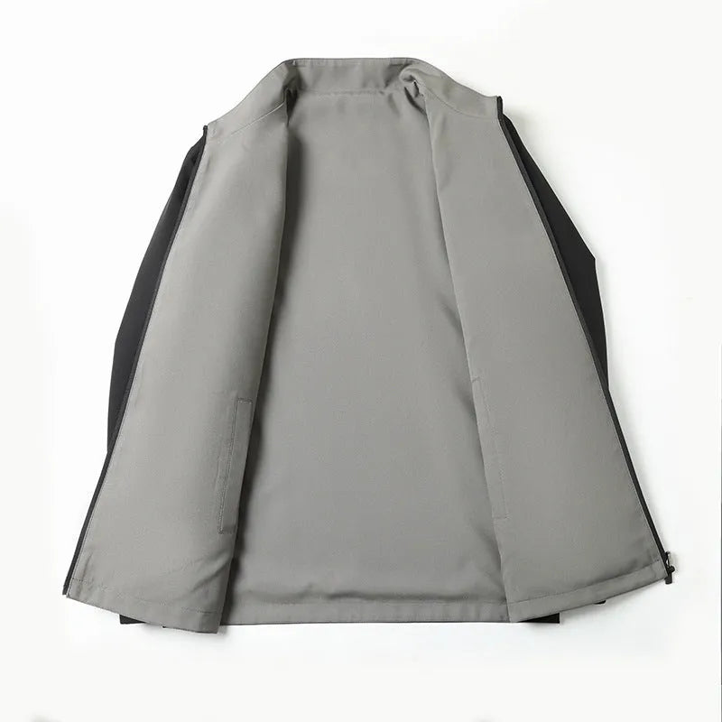 Men's double-sided stand collar casual windproof jacket in solid colour, loose fit, polyester fibre