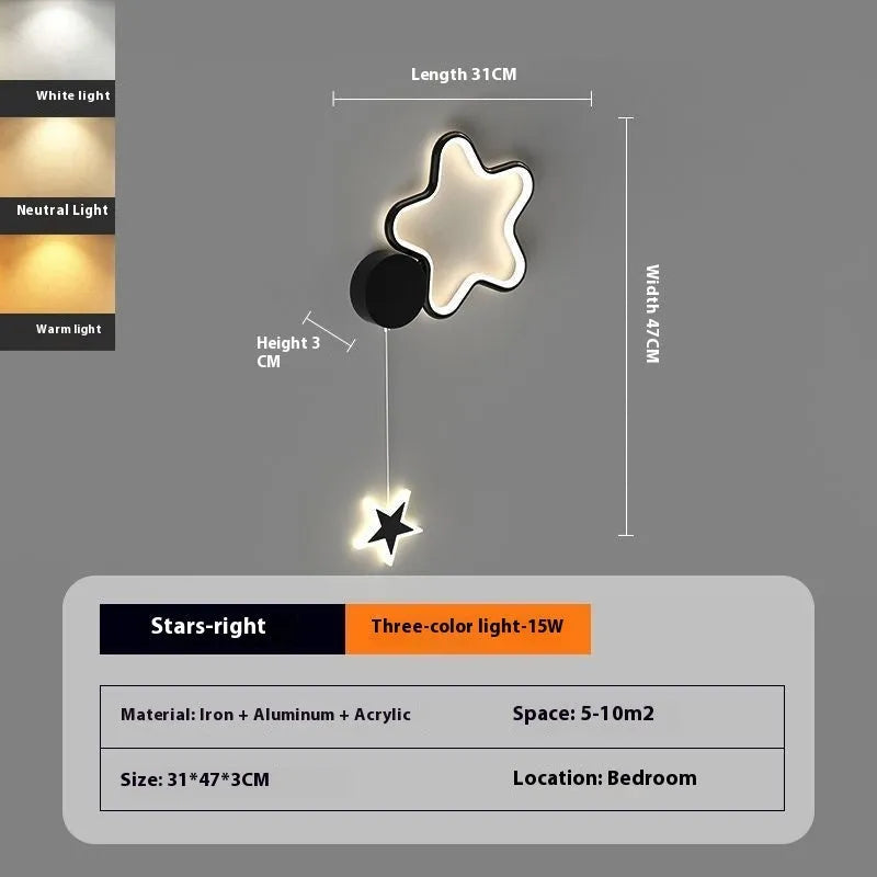 Cloud and star-shaped children's bedside wall lamp with LED lighting in black or white finish