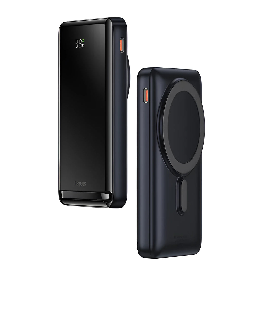 Slim blue magnetic wireless power bank showing compact dimensions and charging cable