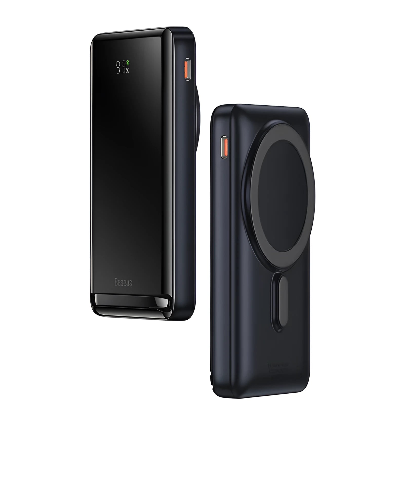 Slim blue magnetic wireless power bank showing compact dimensions and charging cable