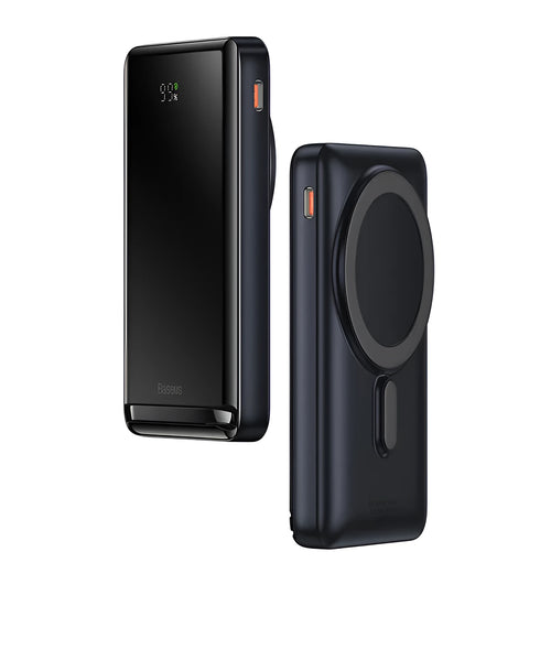 Slim blue magnetic wireless power bank showing compact dimensions and charging cable