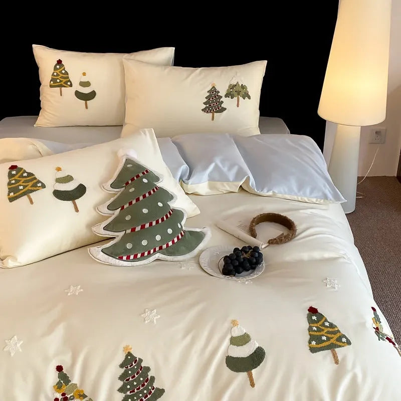 Pure cotton four-piece bedding set with Christmas tree embroidery in cream blue and green colours