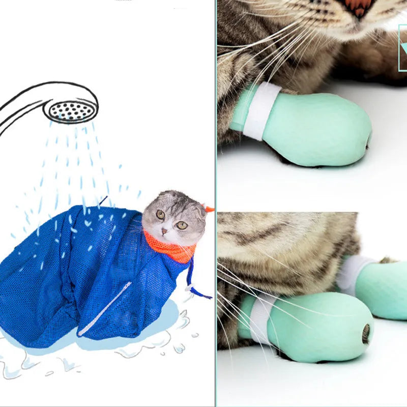 Four green silicone anti-scratch gloves designed to cover a cat's paws.