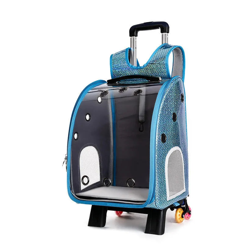 Transparent pet trolley bag with hard sides and Oxford cloth backpack for small dog transport