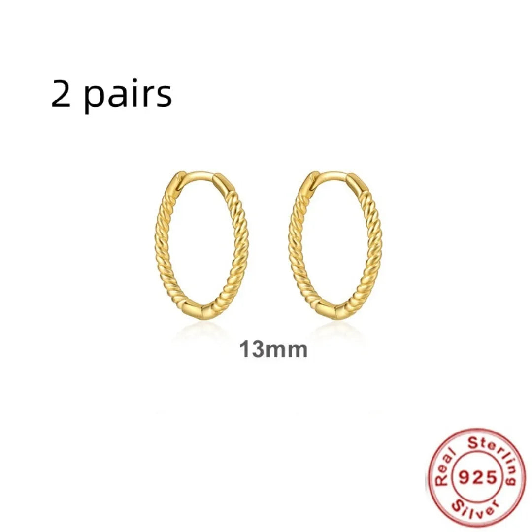 Sterling silver twisted hoop earrings with geometric round shape in gold electroplated finish