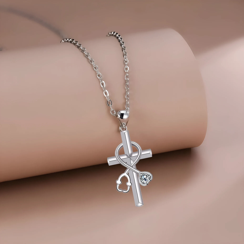 Women's cross stethoscope necklace with copper pendant and electroplated finish
