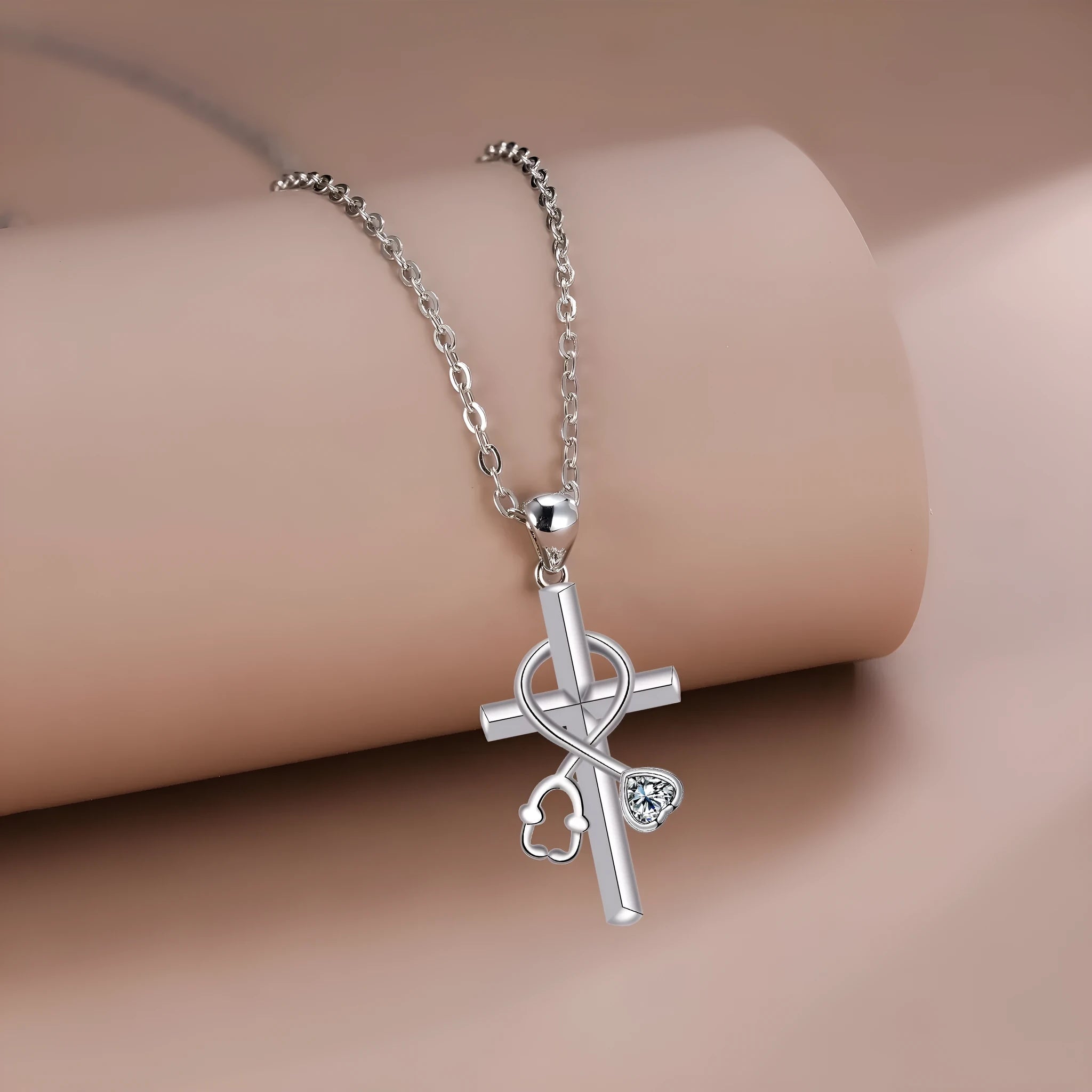Women's cross stethoscope necklace with copper pendant and electroplated finish