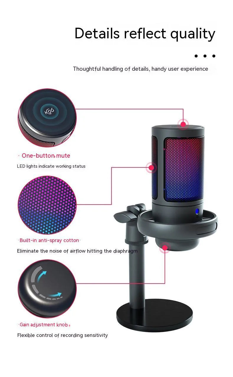 Condenser microphone with RGB lighting in black, white, or pink colours for computer recording and streaming