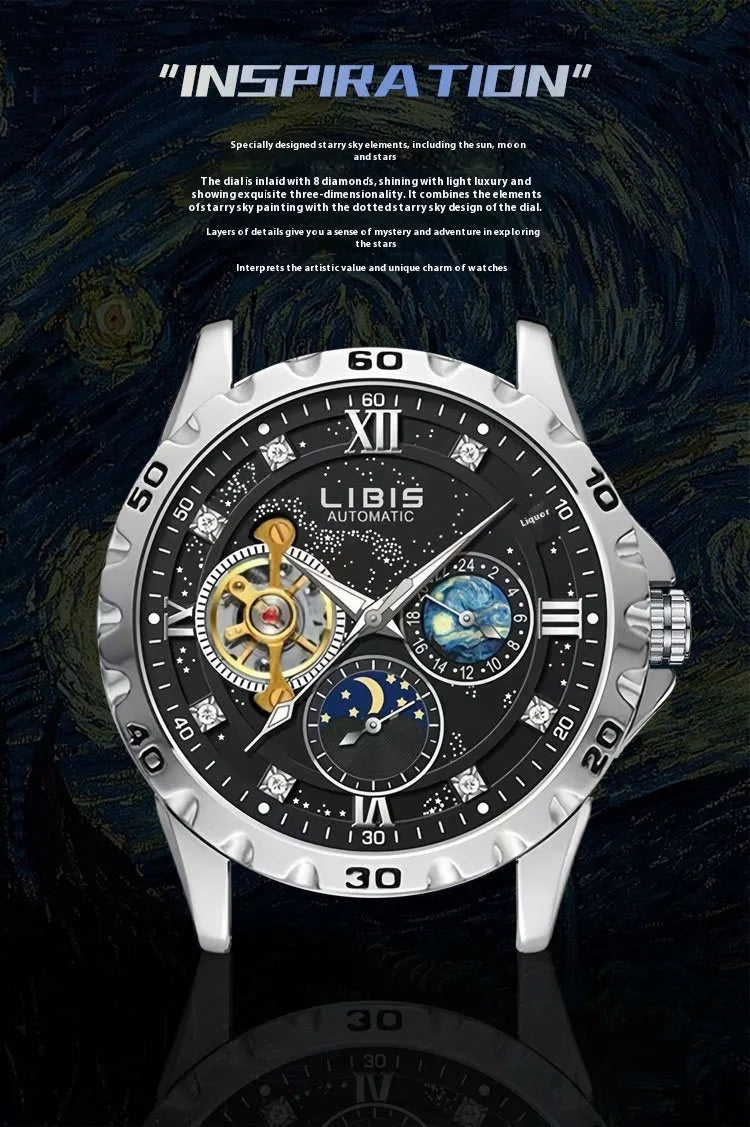Men's silver automatic watch with black starry luminous dial on a steel bracelet