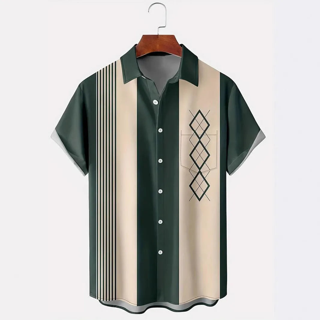 Men's plaid short-sleeve shirt cardigan with lapel collar showing elastic fabric detail