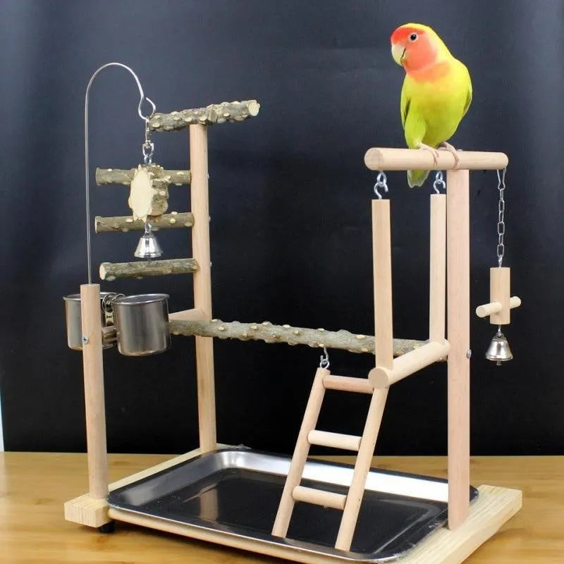 Parrot toy stand with pepper wood pole, a colourful bird swing, and a platform for cage enrichment.