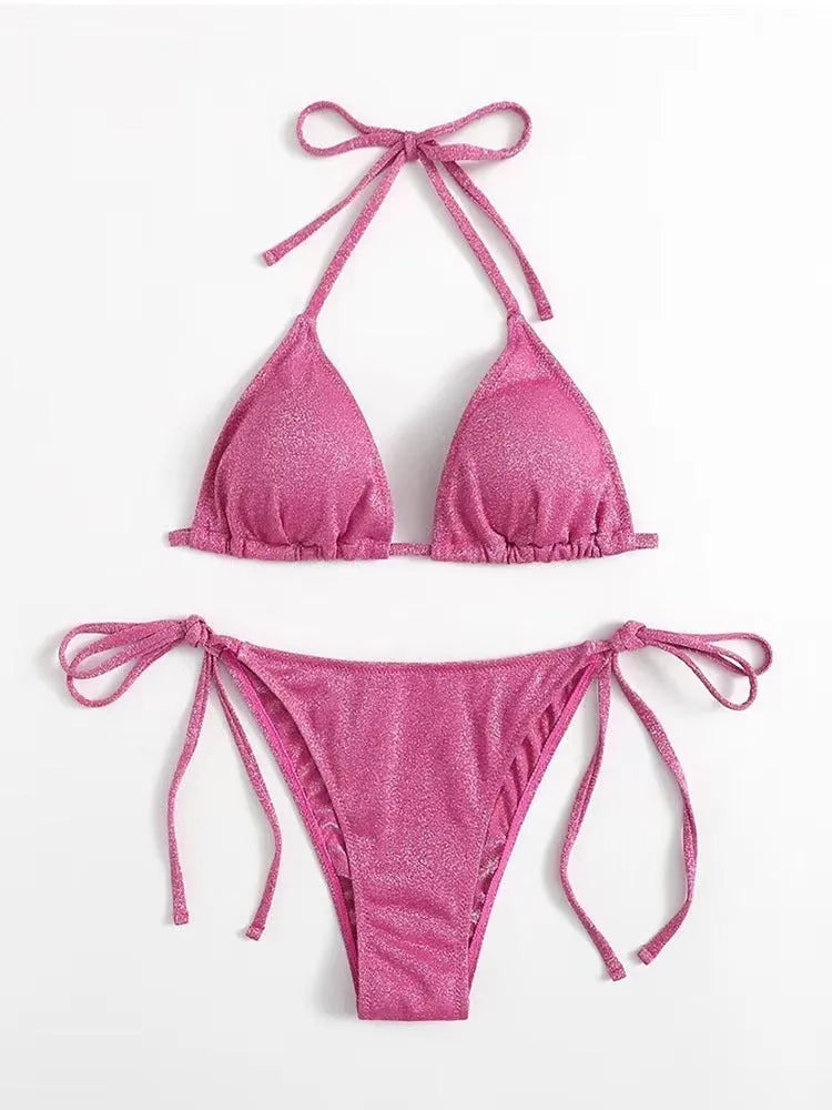 Women's khaki gold split bandage bikini swimsuit set on a model, showing the top and briefs.