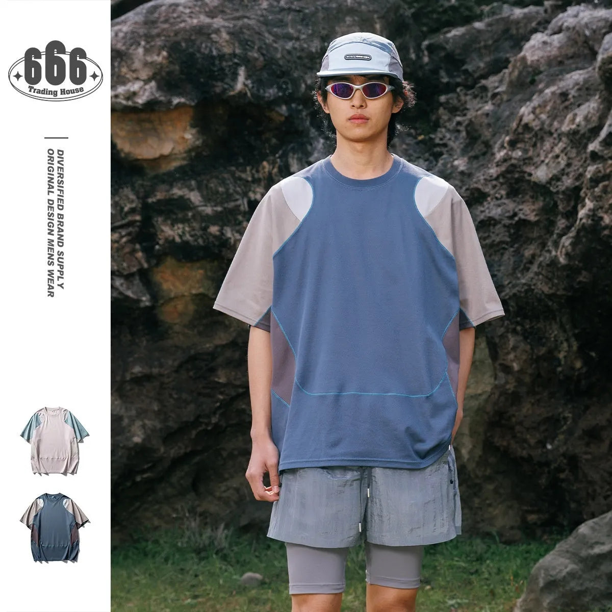 Men's patchwork contrast colour t-shirt with raglan sleeves in loose fit design