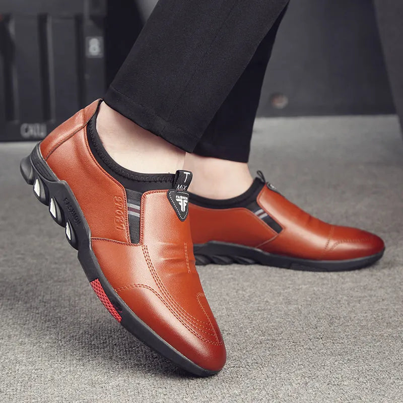 Men's black and brown PU leather flat loafers for business-casual spring wear.