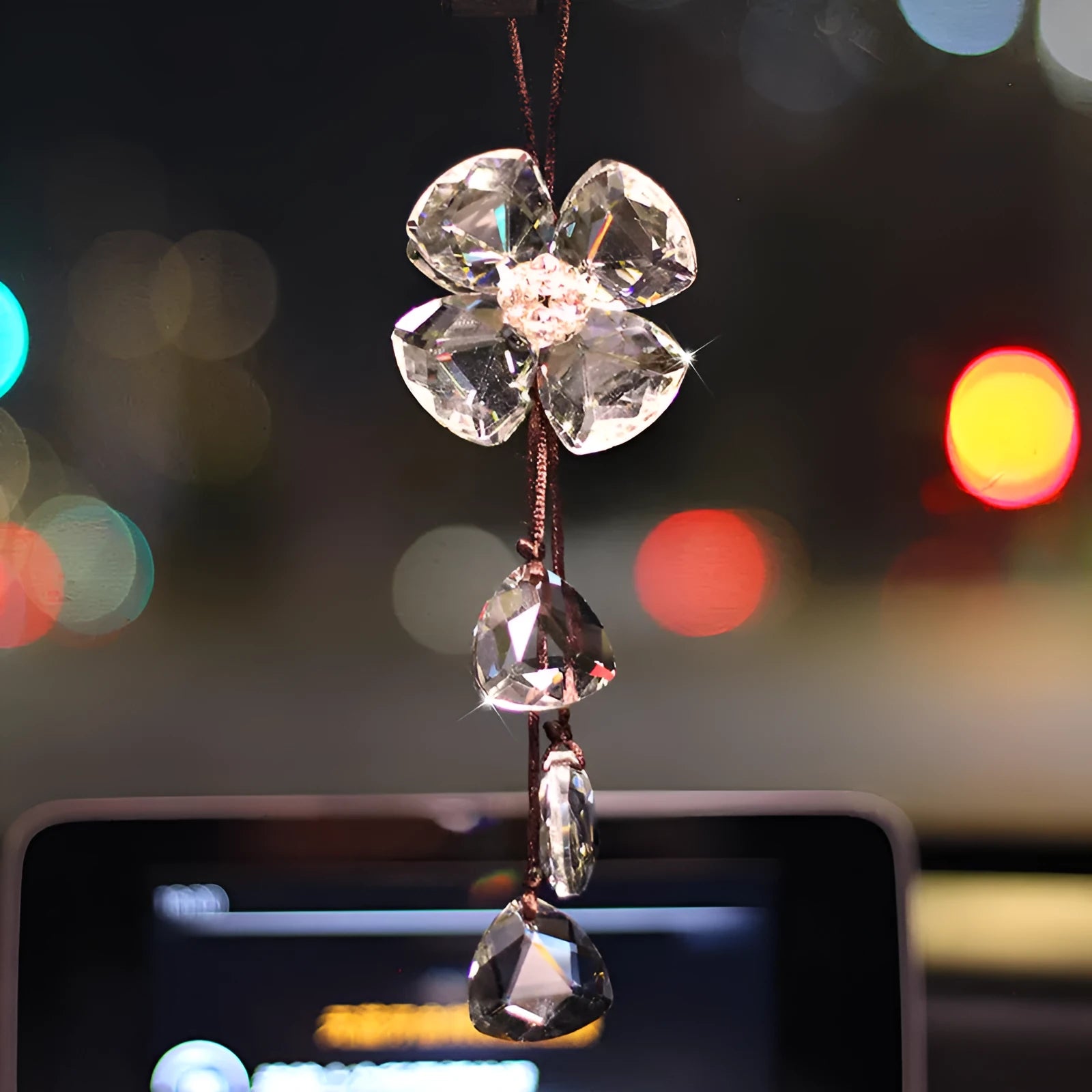 Crystal four leaf clover car pendant decoration measuring 20cm in transparent, champagne, black and shiny colours