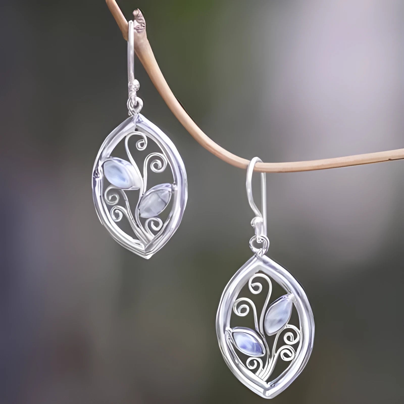 Silver alloy moonstone earrings with colourful embedded leaves design for women