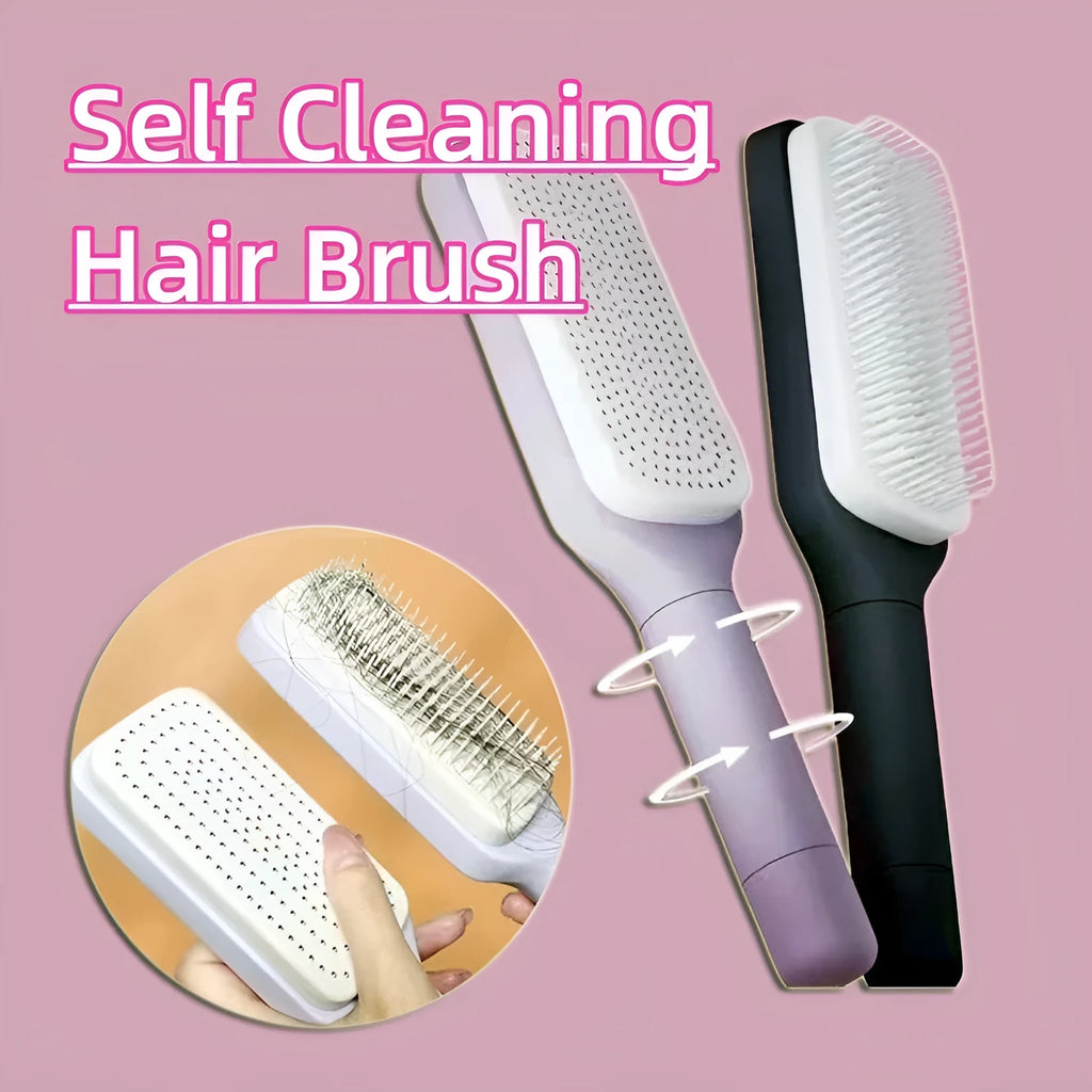 Self-cleaning hair brush with rotating handle, anti-static teeth and scalp massage points in purple and grey colours