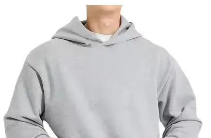 Men's solid color fleece-lined pullover hoodie with threaded long sleeves in gray, black, blue, or red.