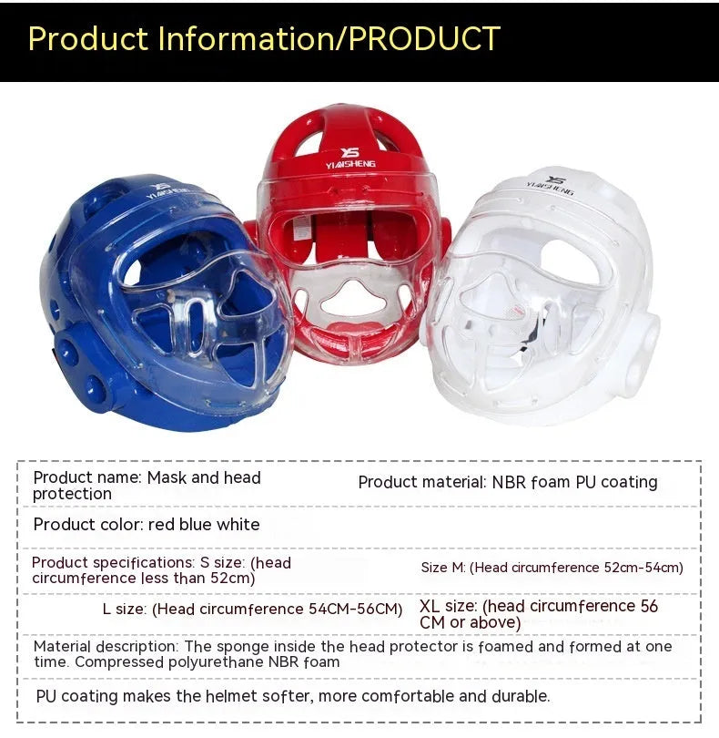 Karate helmet for boxing head protection in white, blue or red colour with size options from S to XL