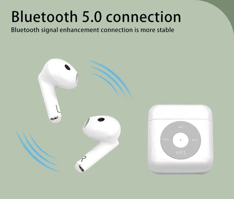 White wireless Bluetooth earphones with semi in-ear design placed beside charging compartment