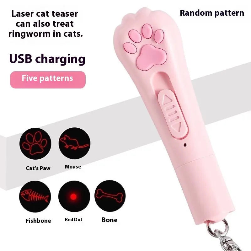 Rechargeable cat pen light toy with feather attachment in cream white, pink, or blue