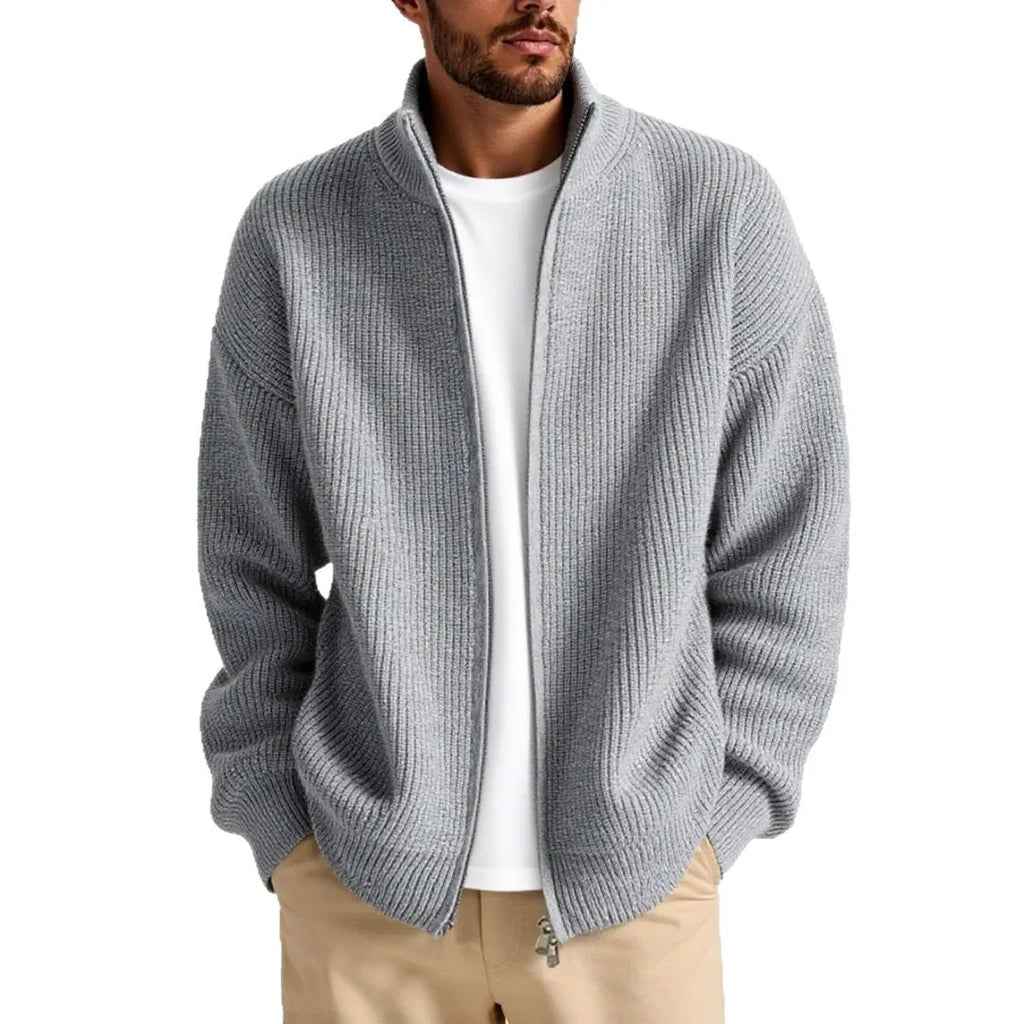Men's loose-fit cardigan sweater coat in chemical fibre blend available in beige, black, gray, green, and navy blue