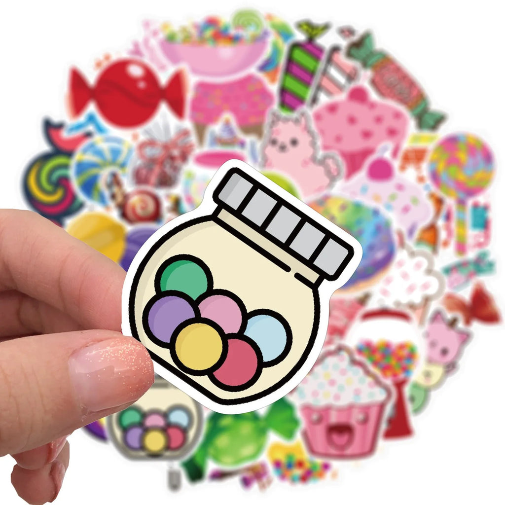 50 colourful Candy graffiti stickers with cartoon designs measuring 4-6cm