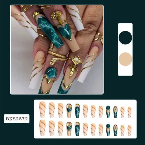 Ballet brand nail sticker set showing wave line, marble, glitter and green designs with jelly glue tubes